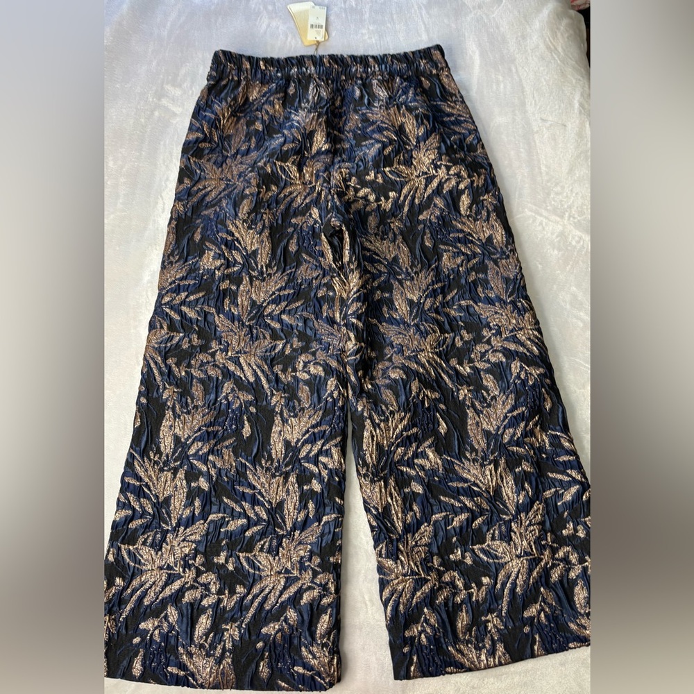 Anthropologie Navy with Gold Leaf Jacquard Wide Leg Pants Size Medium NWT - Picture 4 of 16